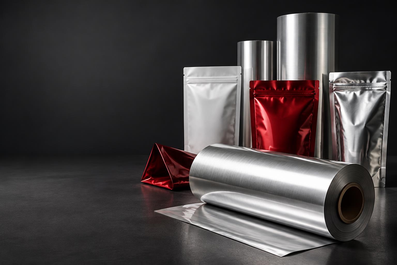 Silver packaging film rolls and flexible pouches in red, white and silver